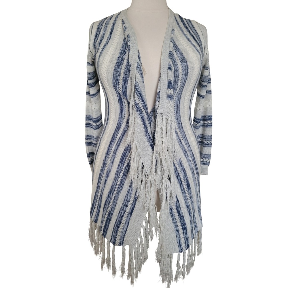 Absolutely Famous Cardigan Y2K XL Blue White Striped Fringe Open Front Sweater